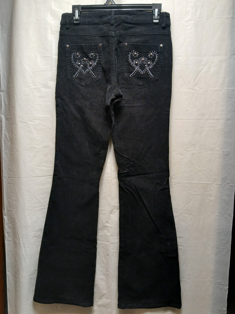 Boston Proper Womens Black Corduroy Flare Jeans with Embellished Heart Pockets